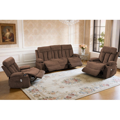 Ensemble de canapé inclinable manuel, 3 ensembles de meubles de salon inclinables avec porte-gobelets pour cinéma maison, bureau (brun, canapé + chaise + chaise)