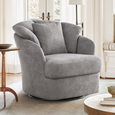 Rowena Linen Swivel Chair, Metal Ring Barrel Chair Mid Century Modern Fabric Accent Chair, Swivel Barrel Chair With Soft Padded Armrest, Oversized Swivel Chair