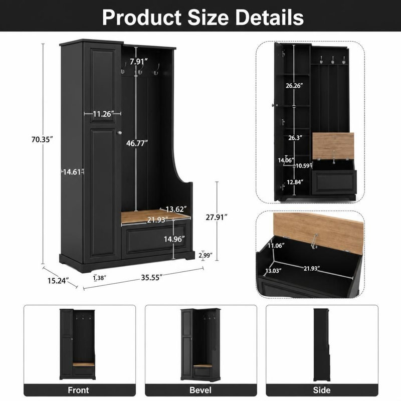 Arbre d'entrée multifonctionnel avec banc de rangement rabattable, range-chaussures minimaliste avec tablettes réglables et crochets de suspension, mobilier d'entrée peu encombrant