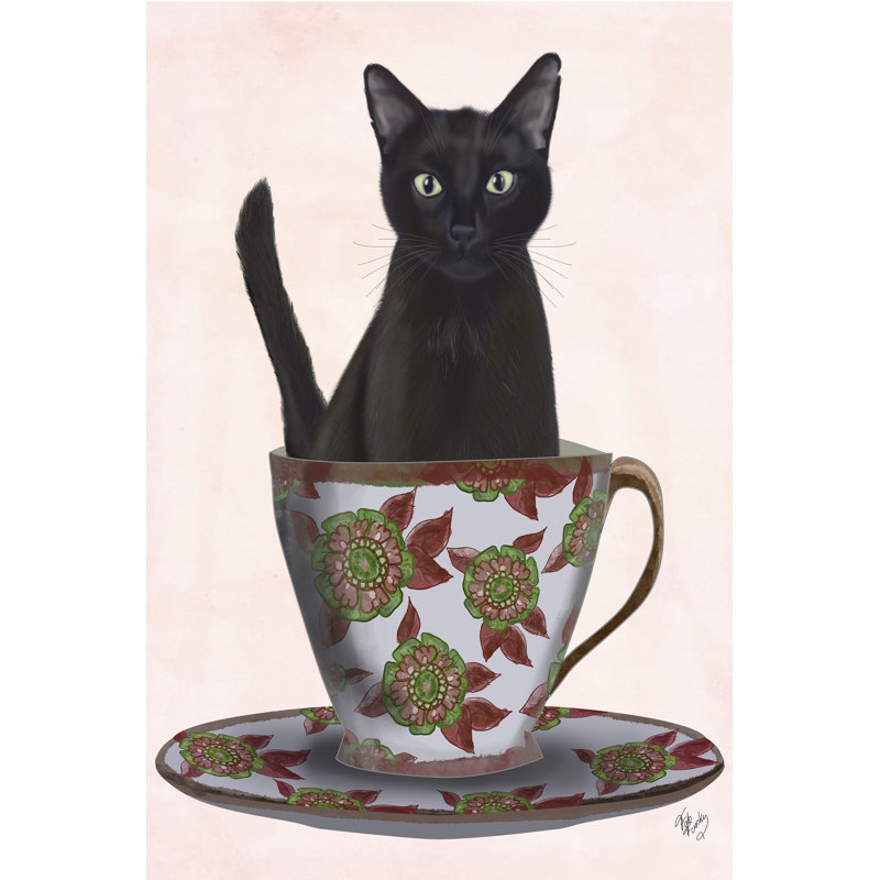 Chat noir dans une tasse de thé, H 48 po x l 32 po x P 1 po