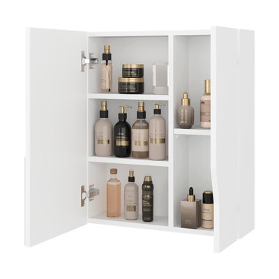 Armoire de salle de bain murale moderne blanche avec miroir intégré, compartiments spacieux pour articles de toilette et produits d'entretien, 59,2 cm (H) x 50 cm (L) x 16,5 cm (P), plus de 5 étagères, 2 portes, style épuré pour la chambre.