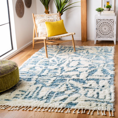 Duena Hand Knotted Wool/Viscose Abstract Rug in Ivory/Blue