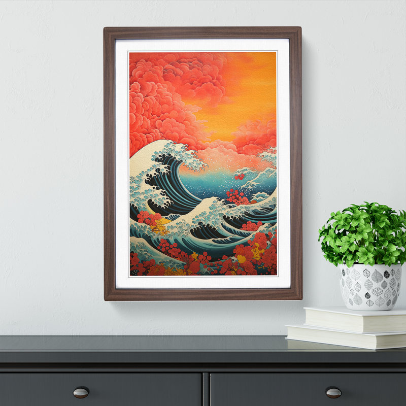 XYZ-FRM-V1223-6454 Wave Japanese Colour Field No.2 - Single Picture Frame Print on Wood, Walnut, 34cm H x 25cm W x 2cm D