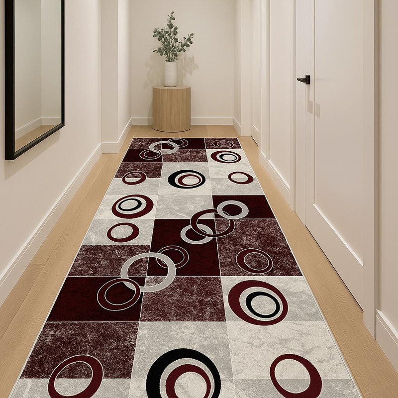 12' Red And Gray Geometric Runner Rug