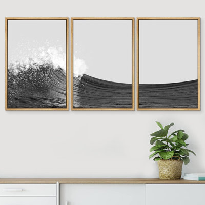 «Coastal Beach», noir et blanc, vagues de l'océan, nature sauvage, illustrations abstraites - ensemble de 3 reproductions de cadres flottants