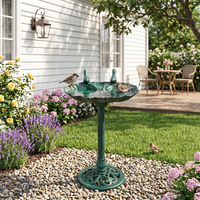 Fontaine à oiseaux en polyrésine vert foncé avec bordure en coquillage, 1,4 W, alimentée à l'énergie solaire, 50 x 36 x 81 cm, idéale pour le jardin, la terrasse ou tout autre espace extérieur.