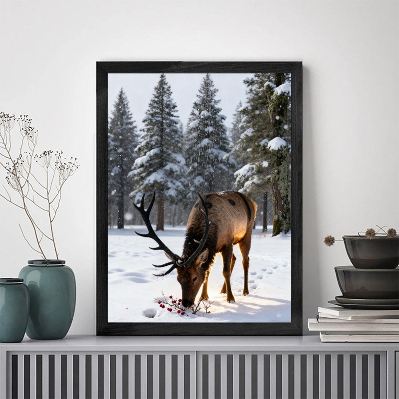 Art mural encadré noir cerf rétro par temps neigeux, H 11 po x l 9 po