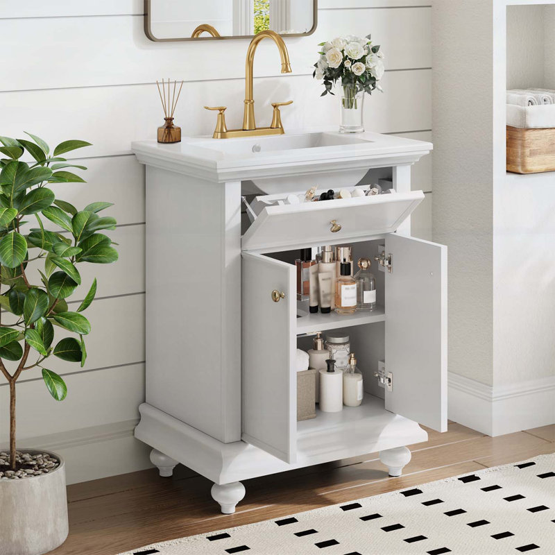 Meuble-lavabo élégant avec pieds tournés en boule, Blanc
