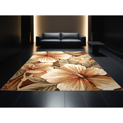 Tapis floral moelleux à motif floral hibiscus brun et beige doux