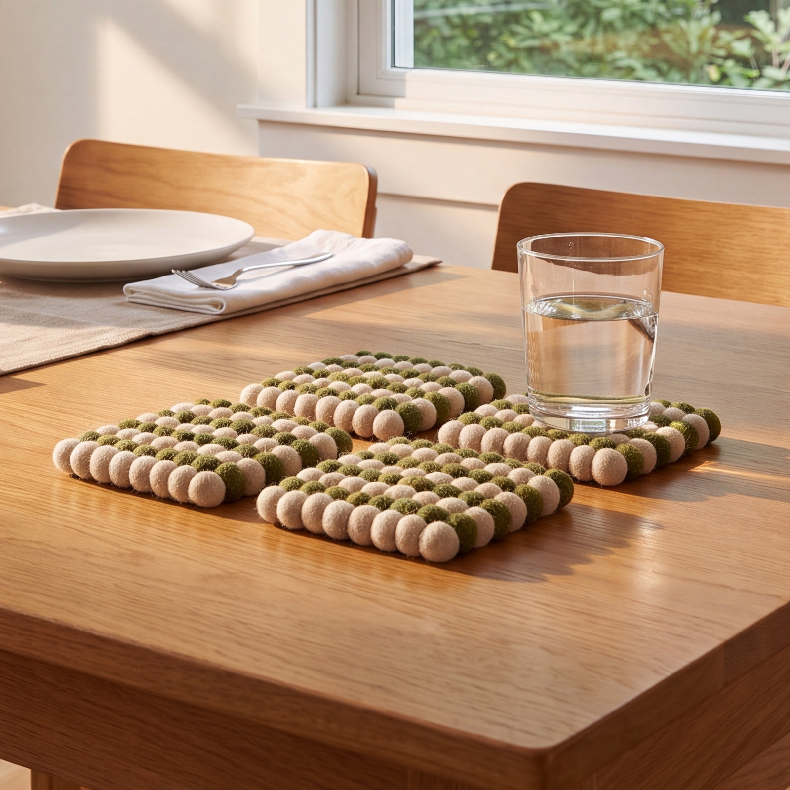 Handmade Wool Felt Coasters, Cream/Green