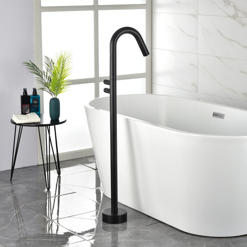 Freestanding Bathtub Faucet Set Single Handle Floor Mount Tub Filler Free Standing Tub Faucet, Matte Black
