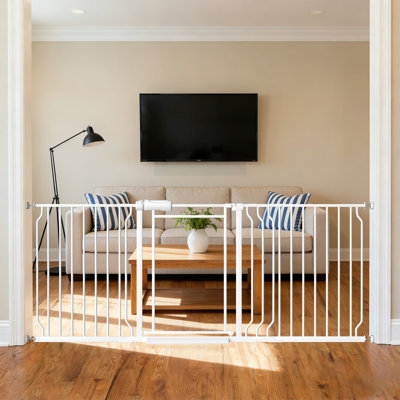 Triple Lock Pet Gate with Clear Acrylic Panel - Adjustable 65-73" Wide Pressure Mount for Stairs, Doorways Metal White