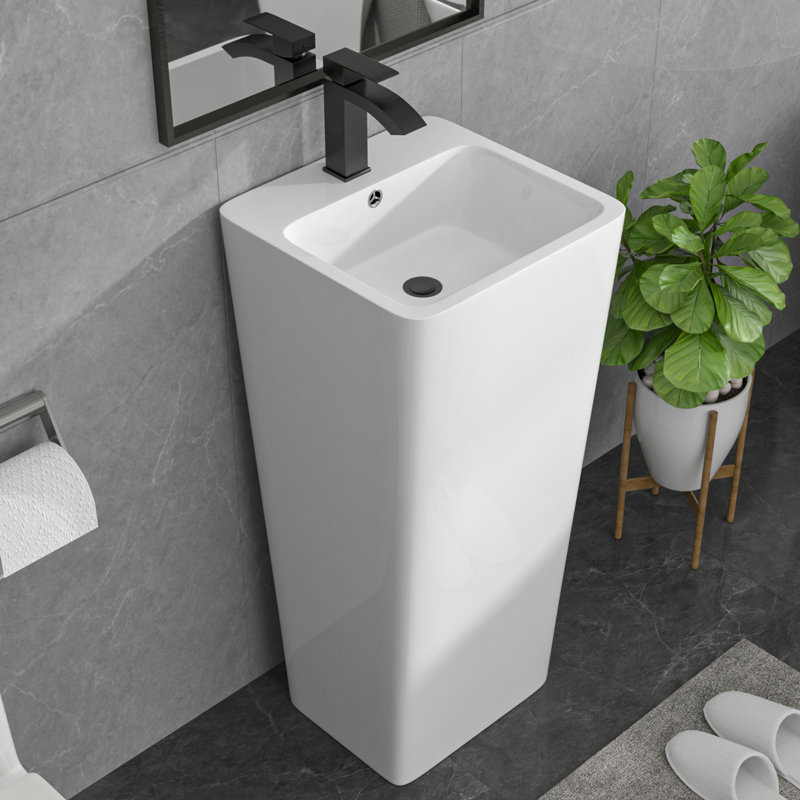 Ceramic Pedestal Sink Classic One-piece Freestanding Pedestal Combo Bathroom Sink with Overflow, 33" H x 16" L x 16" W