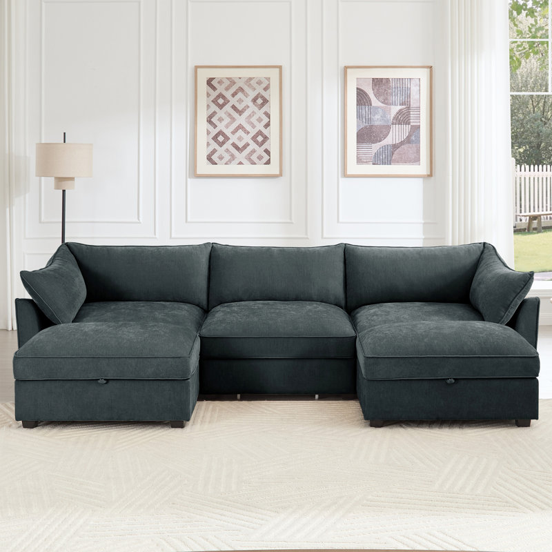Siège en U profond à 3 places avec 2 repose-pieds, gris chenille, tiroir de rangement sous chaque siège, enveloppé et accoudoir, en forme de croissant, bords passepoilés, coussin modulaire surdimensionné dissimulé dans le repose-pieds