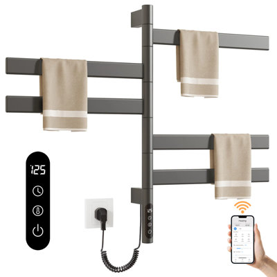 Porte-serviettes chauffant pour salle de bain, chauffe-serviettes mural pivotant à 180 ° avec minuterie intégrée