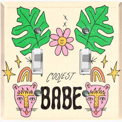 Metal Light Switch Plate Outlet Cover (Cute Babe Cool Leaf Cat Doodle Cartoon Beige - Single Toggle)