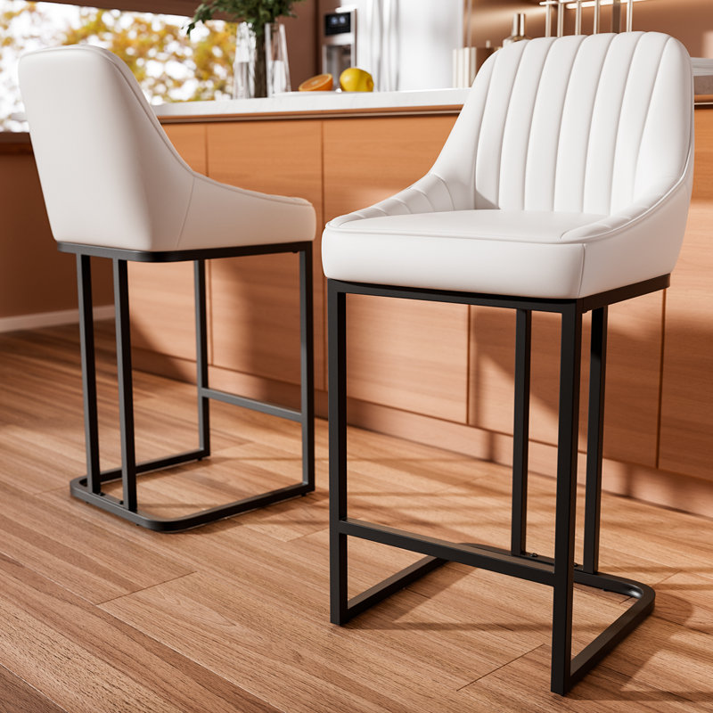 Bar Stools Set of 2, 24 Inch Barstools with Metal Legs, White Leather Farmhouse Upholstered Counter Height Bar Stool for Kitchen, Dining, Bar