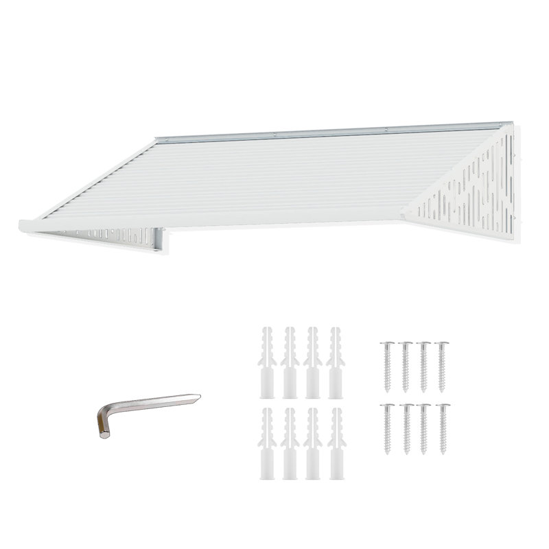 Store de fenêtre Kozyard 122 cm (L) x 102 cm (P) avec 2 ailes latérales métalliques ajourées, cadre en aluminium et panneaux en PVC résistant aux chocs, angle d'inclinaison réglable lors de l'installation, protection contre la pluie, la neige et les UV