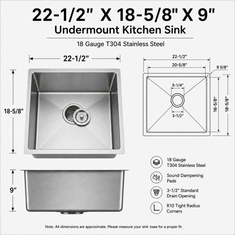 22" Undermount 18 Gauge Stainless Steel Finger Radius Single Bowl Kitchen Sink, 22.5"x18.625"x9"