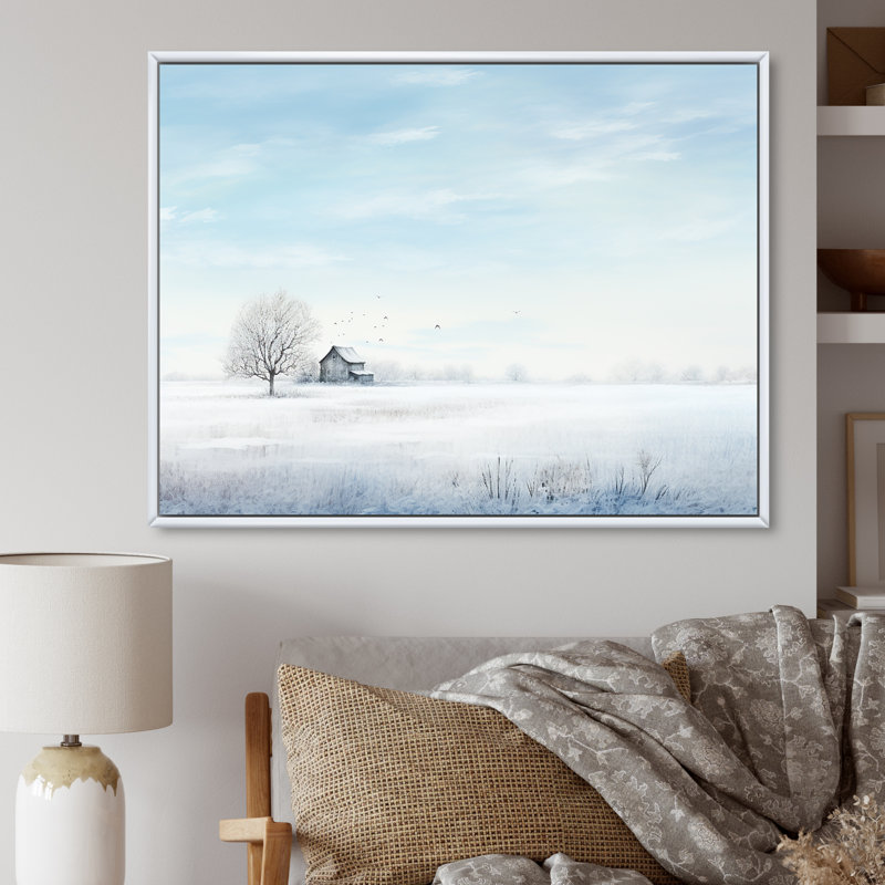 Paysage d'hiver, minimalisme sur toile, Cadre flottant blanc, H 24 po x l 32 po x P 1 po
