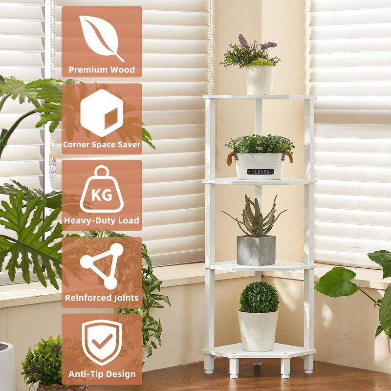 4-Tier Corner Shelf with Sturdy 5-Leg Base, Wooden Corner Bookshelf for Small Spaces, Wooden Plant Display Shelf, Thin Bookshelf for Living Room, Bedroom, Office (White)