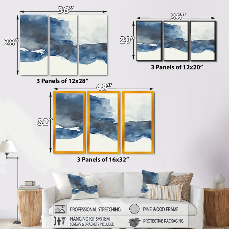 «Imperial Blue Solitude V», impression sur toile 3 pièces, H 32 po x l 48 po x P 1 po, Toile avec cadre doré