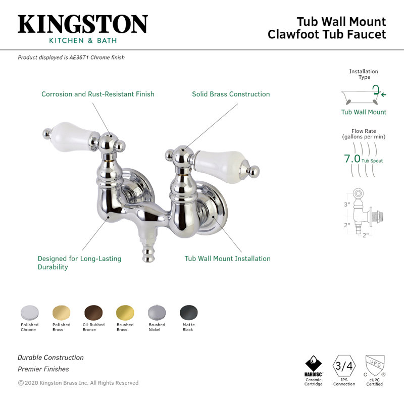 Kingston Brass Aqua Vintage Two-Handle 2-Hole Tub Wall Mount Clawfoot Tub Faucet, Brushed Nickel