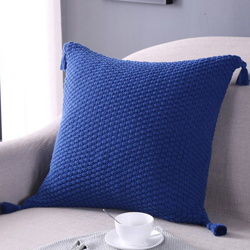  Pack of 1 Square Knitted Tassels Corner Full Set Of Throw Pillow with insert 18"x18", Blue, Throw Pillow