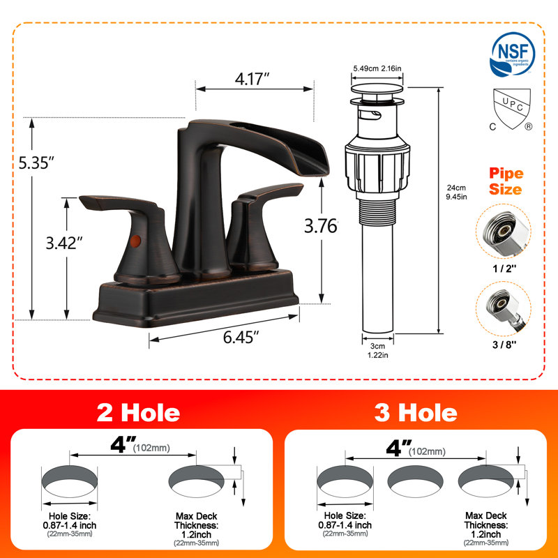 Robinet de salle de bain surdimensionné à 3 trous et 2 poignées avec robinet pivotant à 360 ° et bonde