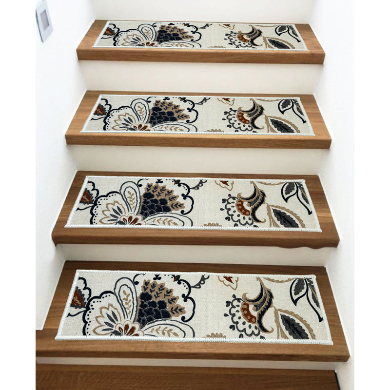 Tapis de marches d'escalier de taille personnalisée par pouces antidérapants lavables à la machine (ensemble de 13), White
