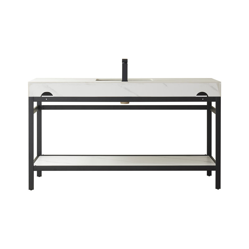 Funes 60" Matte Black and White Single Bathroom Vanity with Stone Top