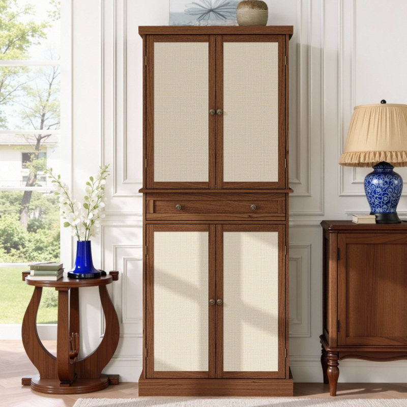 72" Modern Rattan Accent Cabinet – 4-Door Storage with Adjustable Shelves, Walnut