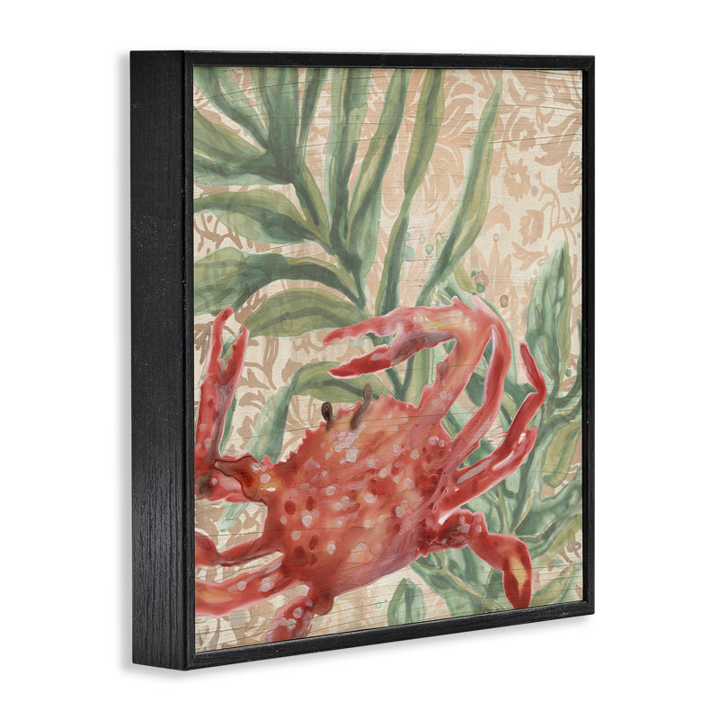 Crabe sur motif floral, estampe numérique par June Erica Vess, H 12 po x l 12 po, Giclée encadrée noir minuit