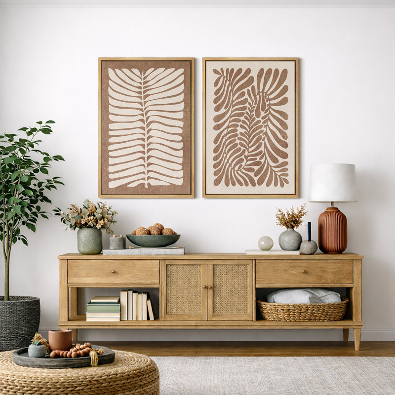 Abstract Botanical "Faded Brown Leaves Simple Artwork, Classic Boho Retro Wall Pictures, Framed Canvas Giclée Print 2 Pieces Wall Art" 16x24x2 pcs, 24x36x2 pcs
