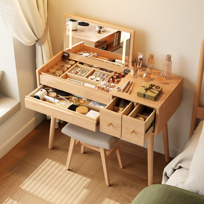 Coiffeuse en bois massif avec miroir inversé et modes d'éclairage, Tanné, H 43,1 po x l 39,4 po x P 15,7 po - 3 tiroirs