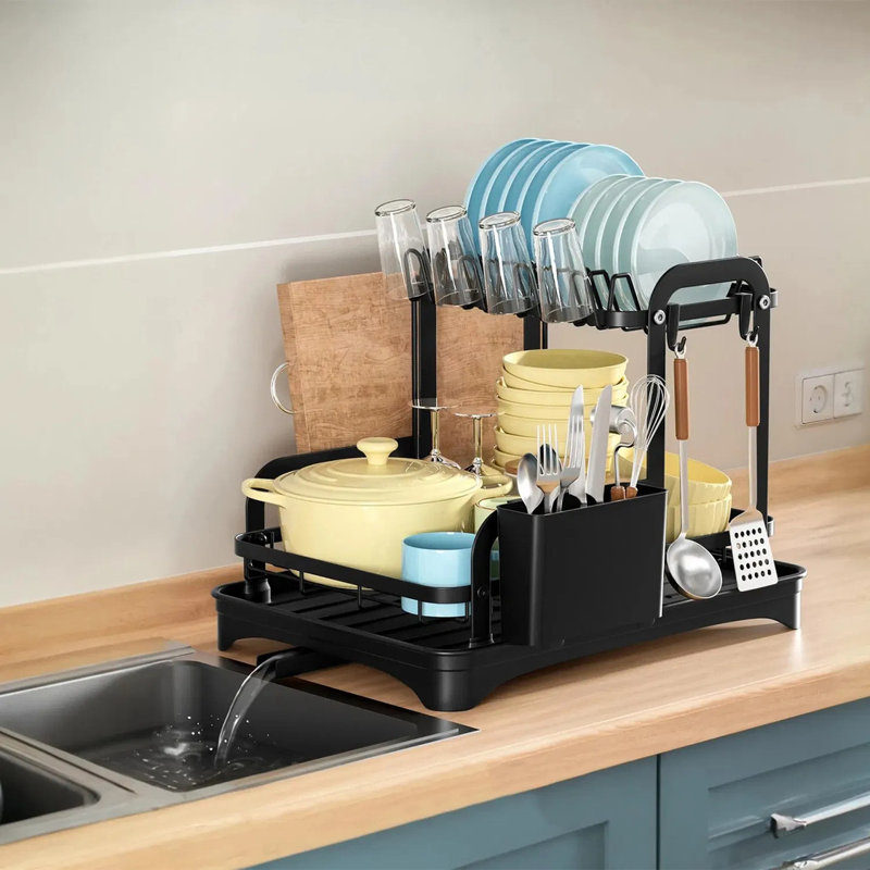 2-Tier Space Saving Dish Drying Rack – Kitchen Organizer, Detachable Racks & Automatic Drainage, Easy Installation For Kitchen Counter/Corner/Windowsill