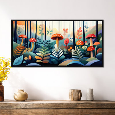 «Blue Orange Blue Orange Ferns Mushroom Forest», reproduction d'art sur toile encadrée, art mural Boho Large