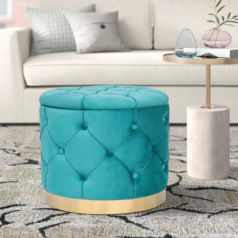 18.9" Wide Tufted Round Storage Ottoman, Teal Velvet