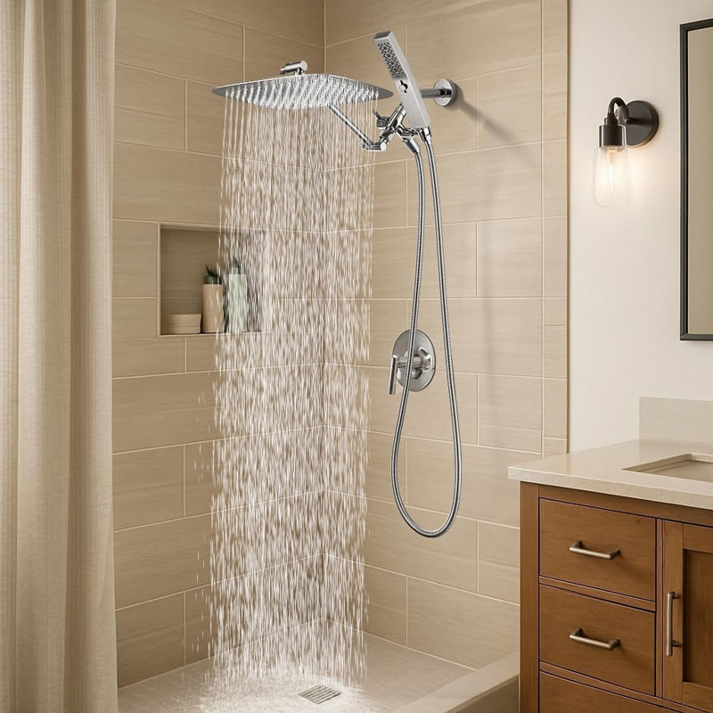 12 Inch Dual Square Shower Head With Handheld Spray Combo, 3-Way Diverter, 71 Inch Hose, Polished Chrome