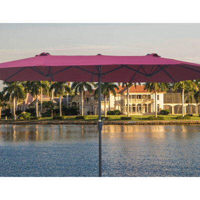 Parasol extérieur imperméable de 15 pi x 9 pi à double face avec table de jardin et parasols simples avec manivelle et évents pour terrasse de jardin