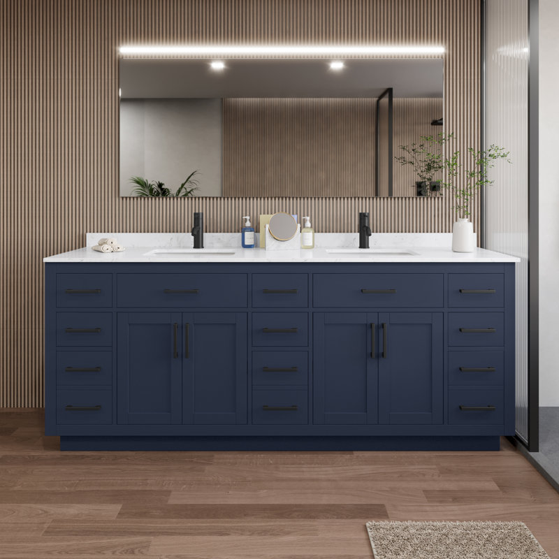 Beckett TK 84'' W Double Vanity, Dark Blue, Matte Black, Carrara Cultured Marble