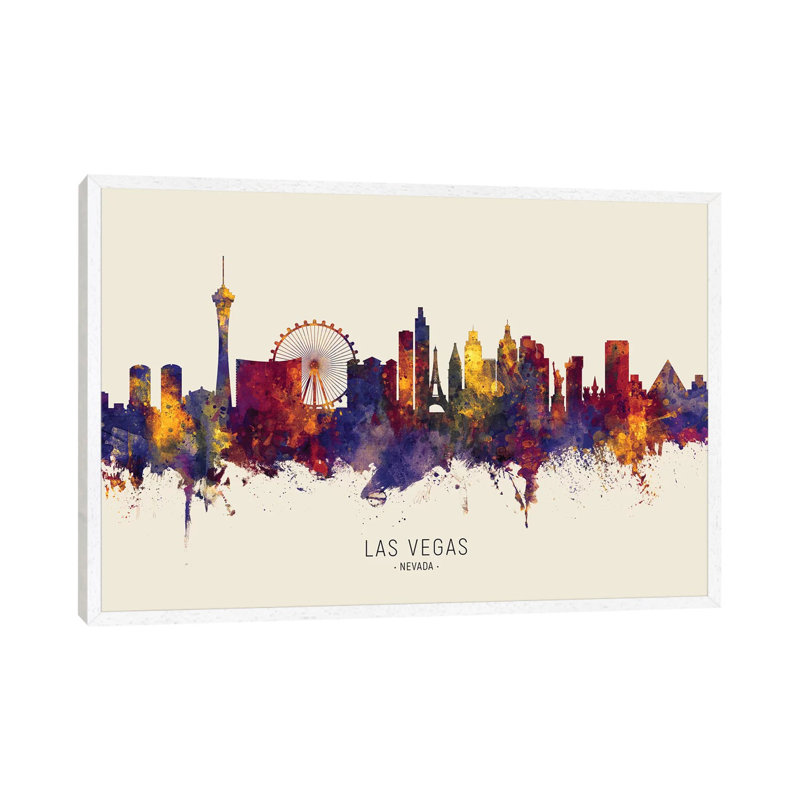 Las Vegas Nevada Skyline by Michael Tompsett - Print on Canvas, 45.72cm H x 66.04cm W x 3.81cm D, White Floater Framed