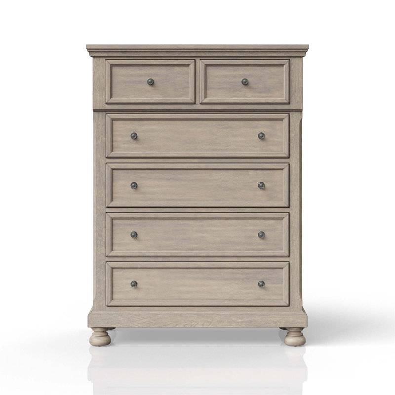Commode 5 tiroirs avec finition gris antique, conception transitionnelle pour une solution de rangement élégante et fonctionnelle