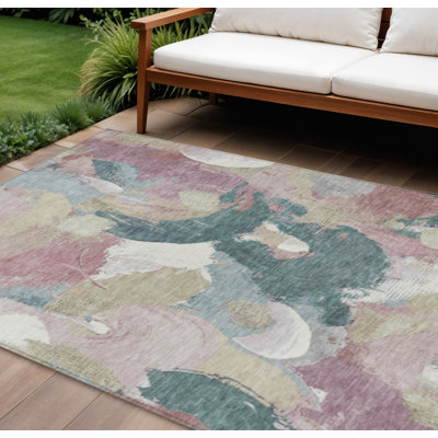 9' X 12' Mauve Beige And Sage Abstract Washable Indoor Outdoor Area Rug