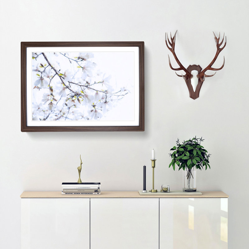 Branch Of A White Magnolia Tree Painting - Single Picture Frame Print on MDF, Walnut, 33cm H x 45cm W x 2cm D