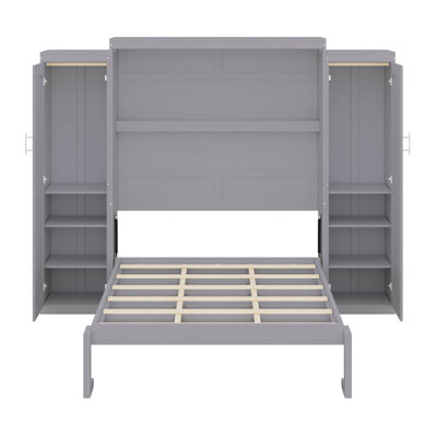 Lit escamotable multifonctionnel en bois pleine grandeur - 2 armoires, étagère de rangement et cadre mural pliable (idéal pour chambre d'amis)