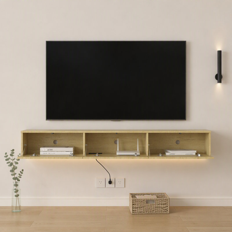 Meuble télé flottant, meuble télé mural avec 16 DEL de couleur pour téléviseur de 65 po, Naturel