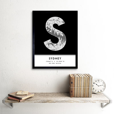 Sydney City Map Sydney Black & White 1 Piece Single Picture Frame Wall Art