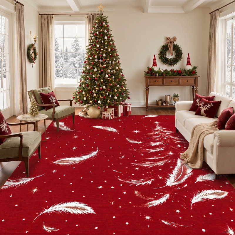 Tapis de salle à manger lavable à poils ras, motif animaux de Noël, sapin et neige, rouge et blanc, avec sapin et neige. Parfait pour la salle à manger.