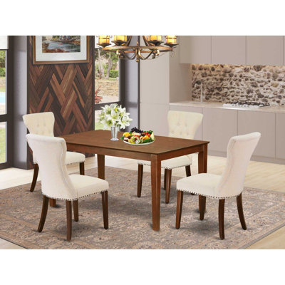 5 Piece Dining Set Includes a Rectangle Dining Room Table and 4 Light Beige Linen Fabric Upholstered Parson Chairs, Mahogany
